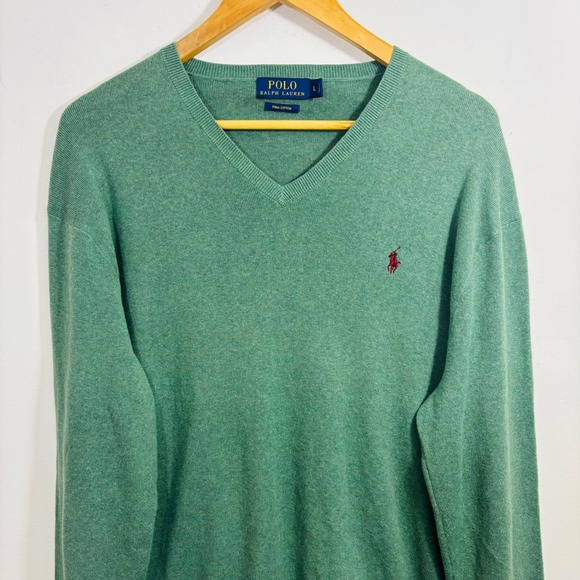 Polo Ralph Lauren Mens Green Pima Cotton V-Neck Sweater Pony Logo Sz Large - Picture 3 of 6